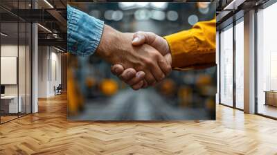 two co workers shaking hands as they visiting a building site with stock image Wall mural