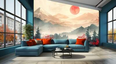 vintage asian template with japanese and landscape background Wall mural