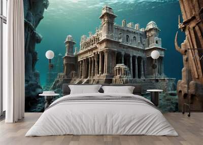 ancient atlantis city building with epic sculptures underwater somewhere on ocean bottom illustration Wall mural