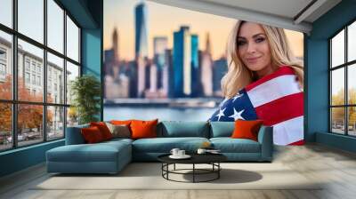 young woman wrapped in usa flag, AI generated Wall mural