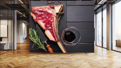 steak bone tomahawk black wooden background top view free copy space beef meat rib grill bar b q grilled ribeye cut food angus roast red wine beefsteak rosemary table dry aged cooked slate herb fat Wall mural