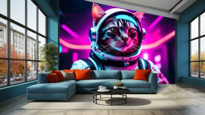 cat in an astronaut suit with neon lights Wall mural