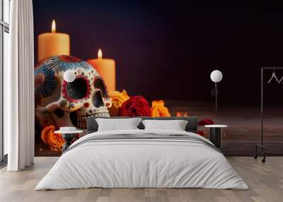 skull and candles day of the dead side view Wall mural