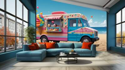 A fun and nostalgic illustration of a colorful ice cream truck parked on a sandy beach, with bright, cartoonish details like ice cream cones Wall mural