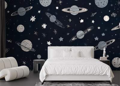 A playful pattern of tiny, hand-drawn astronauts Wall mural