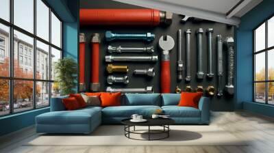 Plumbing tools surrounded by various bolts and nuts. Wall mural