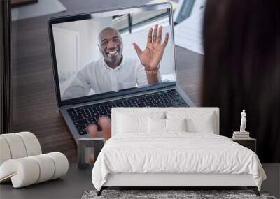 Business people wave hello on laptop screen, video call and online meeting with employee in company office. Happy black man talking to worker in computer webinar, digital network or global conference Wall mural