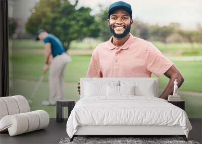 Golf, sports and portrait of black man with smile on course for game, practice and training for competition. Professional golfer, relax and happy male athlete for exercise, activity and recreation Wall mural