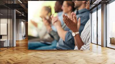 Hands, happy and business people clapping hands in support of speech or presentation at tradeshow. Hand, audience and motivation from crowd training, workshop or conference for sales, growth and goal Wall mural