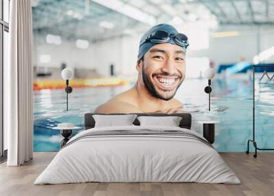 Portrait, man and relax in swimming pool with cap in sports wellness, training or exercise for body healthcare. Workout, fitness and swimmer athlete with happy face, smile or water competition goals Wall mural