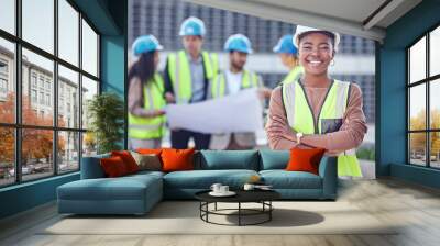 Engineer, black woman or manager at construction site outdoor for civil engineering and architecture. Portrait of leader for gender equality with architect people and smile for city project success Wall mural