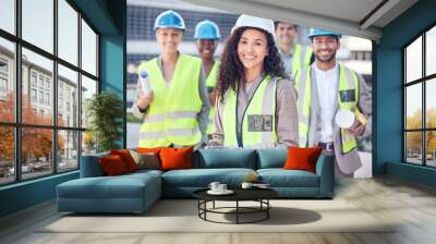 Engineering, construction and team with woman manager outdoor for civil engineer project. Portrait of leader and gender equality with men and women together for architecture, building and development Wall mural