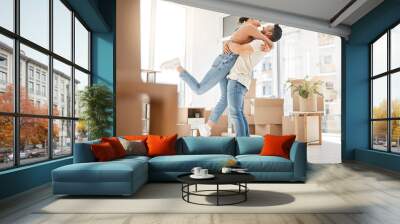 Love, moving and hug with couple in new home for celebration, property and relocation. Excited, happy and real estate with man and woman in living room apartment for investment, rent and homeowner Wall mural