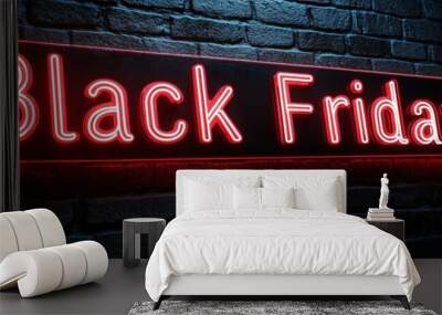 Black friday red glowing neon sign on black brick wall, advertising and sale signboard for store. Panoramic (3:1) Wall mural