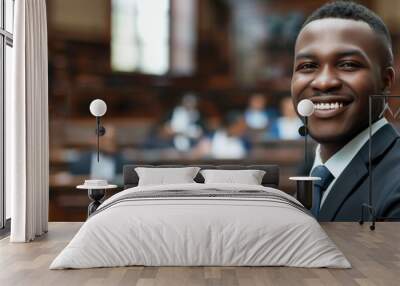 Confident African American black male lawyer wearing a business suit in courthouse background with empty copy space, professional attorney wallpaper, Panoramic format (3:1) Wall mural