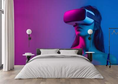 Hispanic Brunette Young Adult Woman Wearing VR Headset, Enjoying Virtual Reality Experience on Gradient Background with Neon Studio Lighting. Horizontal Photo Banner (3:2) with Empty Copy Space Wall mural