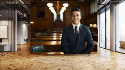 Smiling confident Hispanic male lawyer with a business suit and a tie in courthouse background, professional attorney wallpaper, Horizontal format 3:2 Wall mural