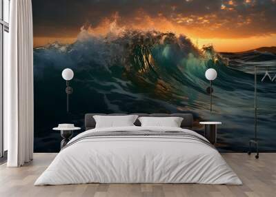 Sunset over the sea waves, beautiful summer, beach landscape, ocean, photography wallpaper style, horizontal format 16:9 Wall mural