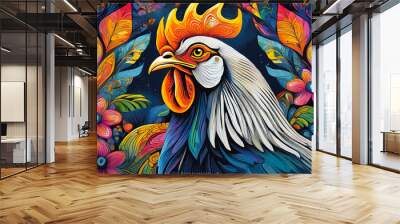 rooster bright colorful and vibrant poster illustration Wall mural