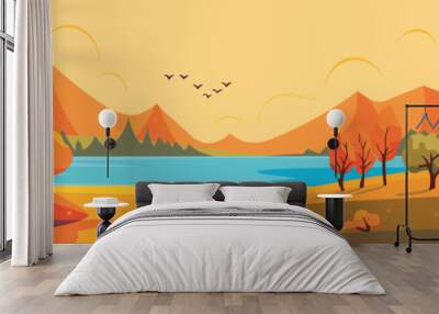 Autumn landscape with trees, mountains, fields, leaves, lake, river and birds. Countryside landscape. Fall background. Vector illustration Wall mural