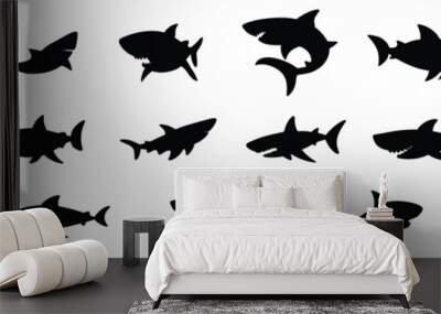 Big collection of shark silhouette. Hand drawn vector art. Wall mural