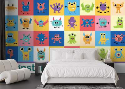 Cartoon monster mascot. Halloween funny monsters, bizarre goofy gremlin with horn and silly furry, alien creations. Cartoons fluffy creatures spooky character vector isolated icon illustration set Wall mural