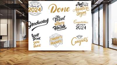 Collection of graduation quotes. Congrats graduates, class of 2024. Hand drawn vector art. Wall mural