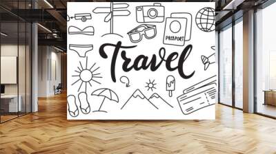 Collection of travel icons in doodle style. Travel icons set. Hand drawn vector art. Wall mural