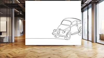 One line continuous little car. Line art of retro auto concept banner. Outline vector illustration. Wall mural