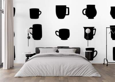 Set of cups silhouette. Hand drawn silhouette of mugs. Large collection of cup or mug silhouette. Vector illustration Wall mural