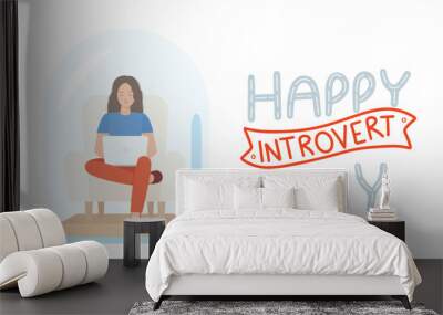 Woman work in bulb. Happy introvert Day banner. Introvert woman is working isolated. Hand drawn vector illustration. Wall mural