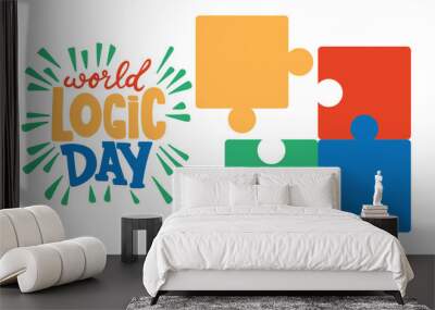 World Logic Day text banner. Handwriting text World Logic Day lettering. Puzzles. Hand drawn vector art. Wall mural