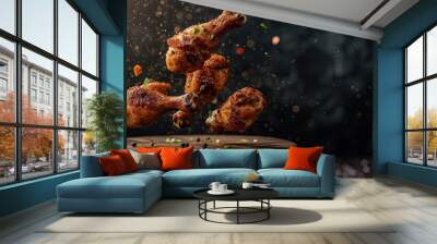 flying grilled chicken drumsticks restaurant menu background  Wall mural