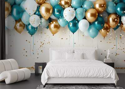 gold, blue, and white balloons background with copy space Wall mural