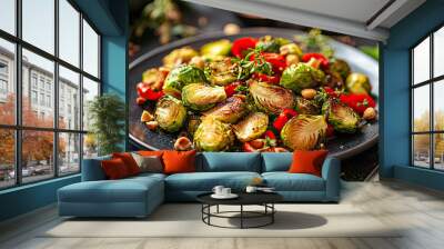 plate of Brussels sprouts with crunchy walnuts and fresh herbs Wall mural