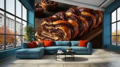 sliced chocolate babka bread on a dark surface,  with swirls of chocolate layers within the bread Wall mural