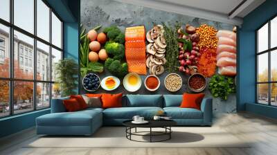 well balanced diet food on one table for nutrition and cancer care Wall mural