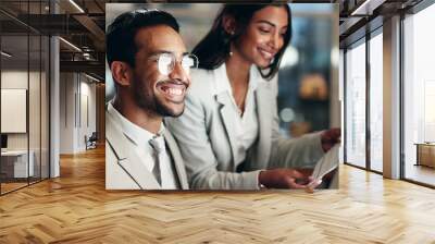 Computer, night or business people teamwork on office research, planning or cooperation on financial budget review. Reading, report or finance team collaboration, smile and nodding for growth success Wall mural