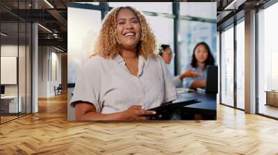 Face, portrait or happy black woman on tablet for leadership, motivation and success teamwork in business meeting. Startup, group and employee with smile for mindset of innovation and company growth Wall mural