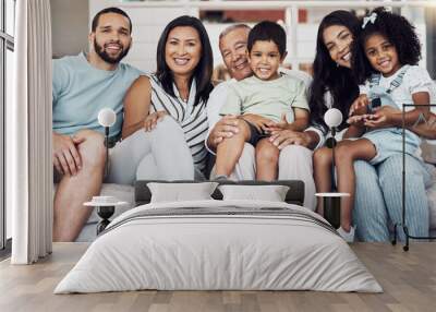 Family, sofa and happy in living room in portrait together in home or on vacation. Children, parents and grandparents love, happiness and smile while on holiday, in hotel or house in Houston, Texas Wall mural