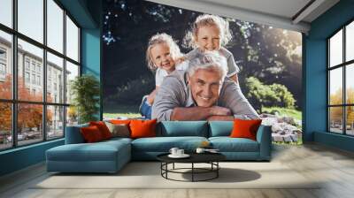 Grandfather, children and portrait of family in the park together with smile during summer in Australia. Girl kids and senior man playing, happy and having fun in a green garden in nature with care Wall mural