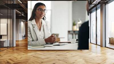 Interview, human resources and meeting with business people, conversation and hiring with b2b and recruitment. Woman HR manager, man and communication, networking and onboarding with collaboration Wall mural