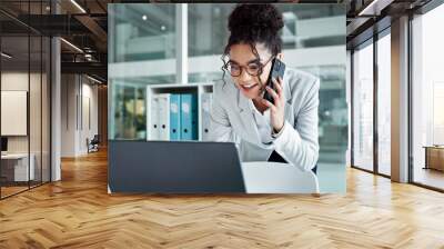 Phone call, laptop and happy corporate woman, advocate or attorney smile for online results, proposal or settlement deal. Conversation, mobile cellphone and lawyer consulting on legal project report Wall mural