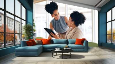 Tablet, training and business women planning, leader feedback or coaching strategy for web marketing. Support, help and black woman talking to worker on digital technology or software management app Wall mural