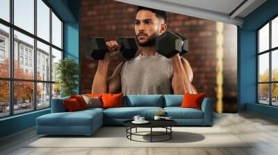 Weightlifting, fitness and man with dumbbell in gym for exercise, bodybuilder training and workout. Sports, strong muscles and serious male person lifting weight for wellness, healthy body and cardio Wall mural