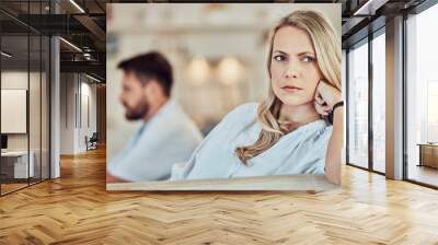 Woman, sad and angry in fight of couple with problem, divorce and crisis of conflict at home. Face of female person ignoring partner in argument, marriage failure and stress of frustrated break up Wall mural