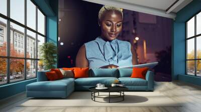 Business, tablet and night with black woman in city for technology, corporate and communication. Social media, connection and internet with female and search online for networking, email and website Wall mural