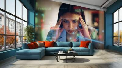 Headache, stressed and serious frustrated finance trader feeling bad, tired and unhappy with her financial stock investments. Upset, worried and worried female thinking while working on her computer Wall mural