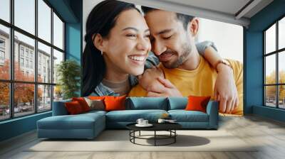 Home, hug and couple with love, marriage and smile with romance, relationship and loving together. Lounge, man and woman embrace, romantic and support with moment, bonding and care with happiness Wall mural