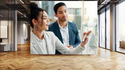 Planning, teamwork and business people writing in office for calendar, agenda or schedule management. Creative, goal and design team in problem solving meeting, brainstorming or solution discussion Wall mural